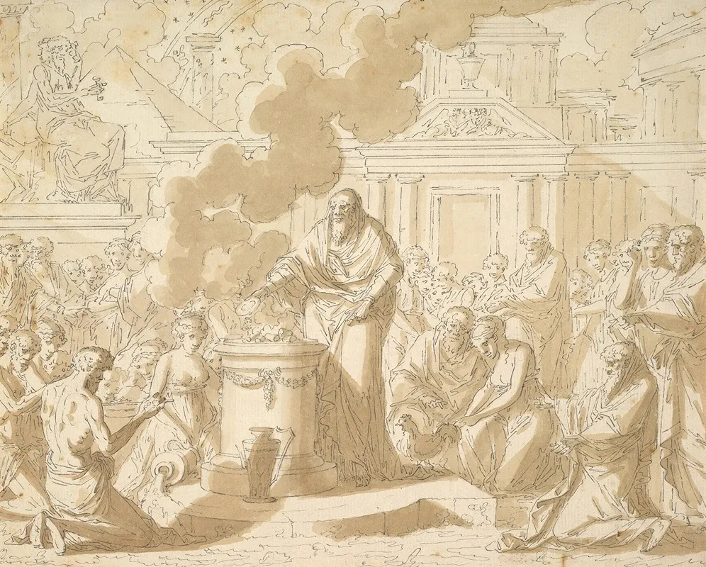 Classical Scene With Figures Gathered Around A Sacrificial Altar by Louis-Felix de La Rue - Canvas Print