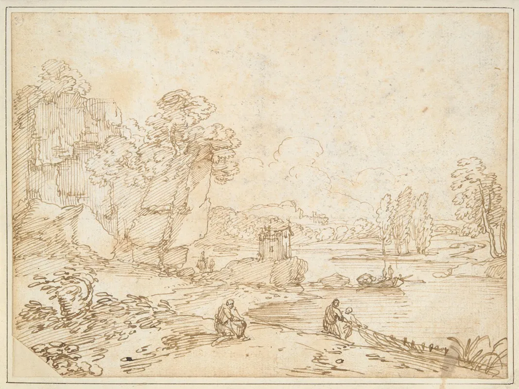 Cliffs At Riverbank With Fishermen by Giovanni Francesco Grimaldi - Canvas Print