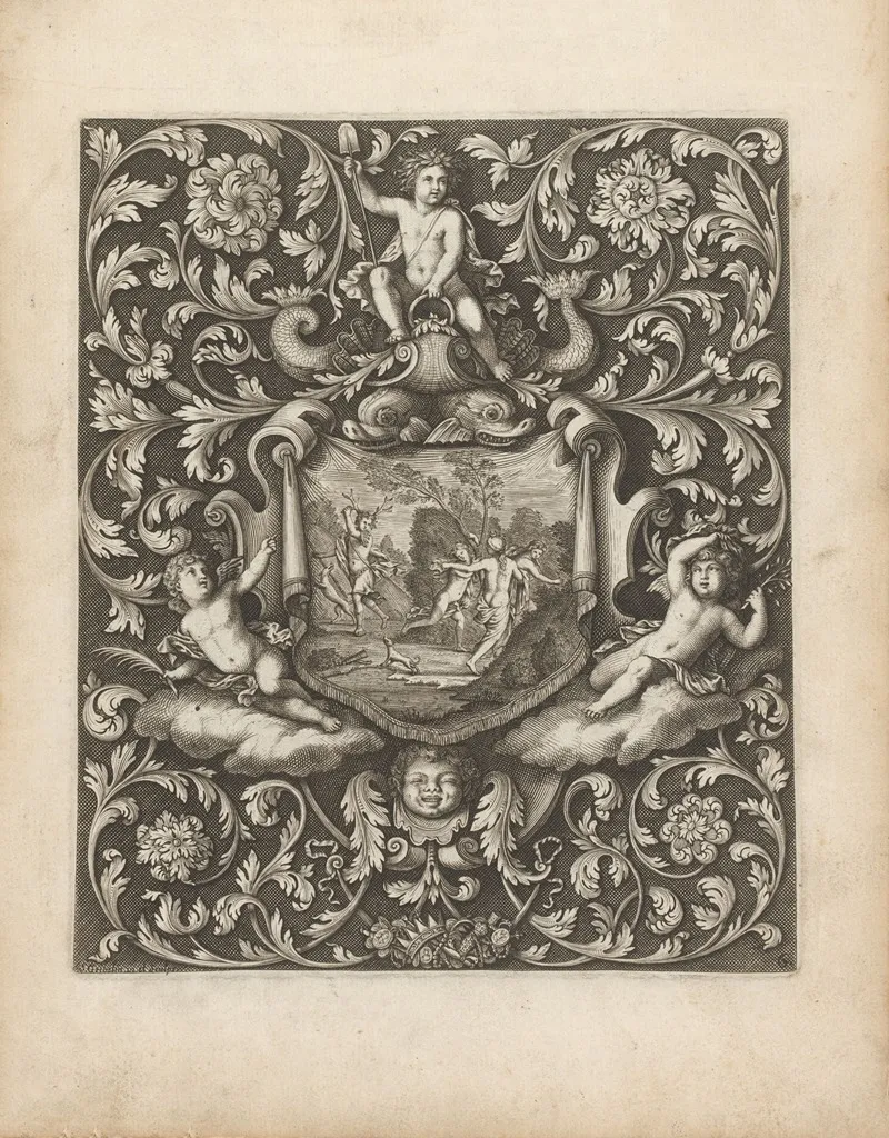 Cloth With Diana And Actaeon Surrounded By Putti And Leaf Shaped Ornaments
