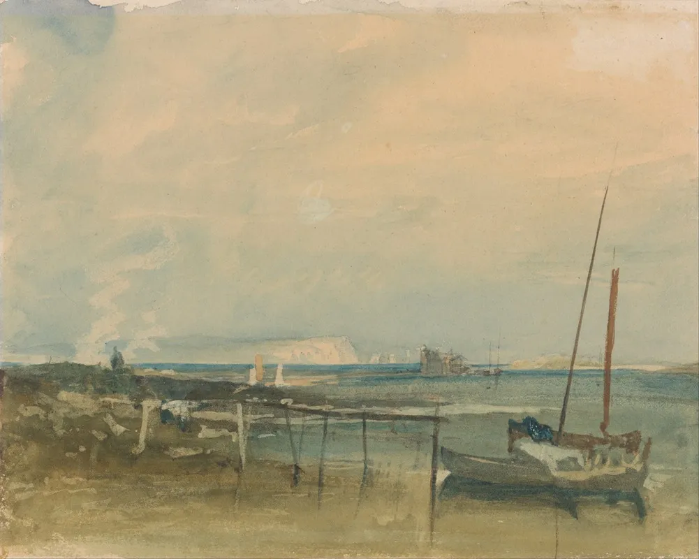 Coast Scene With White Cliffs And Boats On Shore