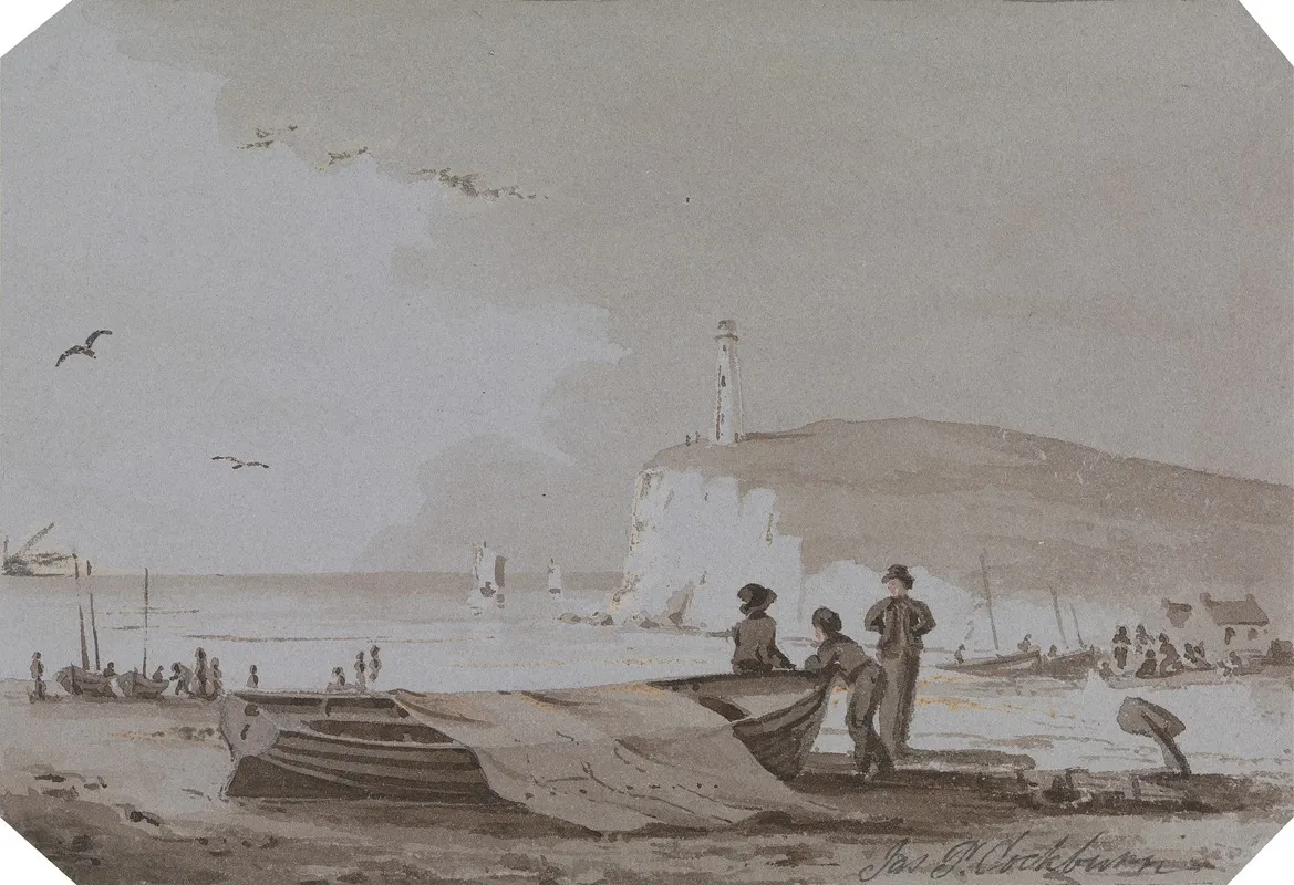 Coastal Scene With Figures Boats Lighthouse Etc