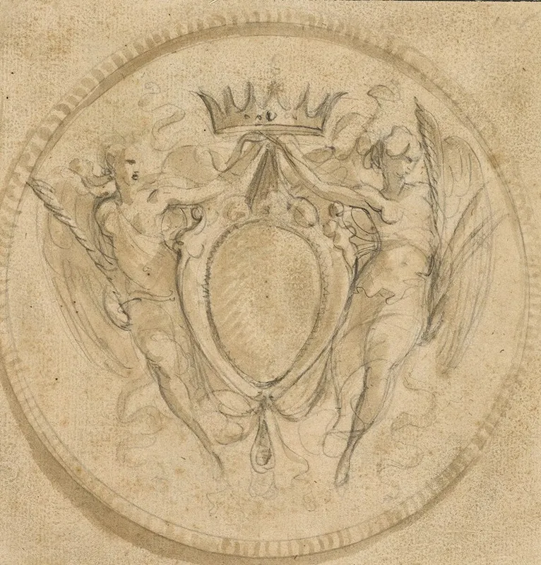 Coat Of Arms Of The Rezzonico Family Capped By A Princely Crown And Supported By Two Winged Victories by Giuseppe Cades - Canvas Print