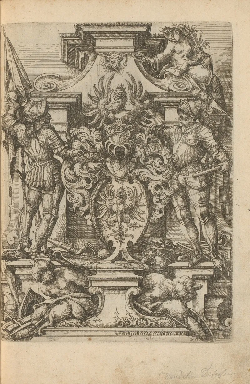 Coat Of Arms On A Pedestal Flanked By Two Soldiers And The Personification Of Victory Victoria by Wendel Dietterlin - Canvas Print
