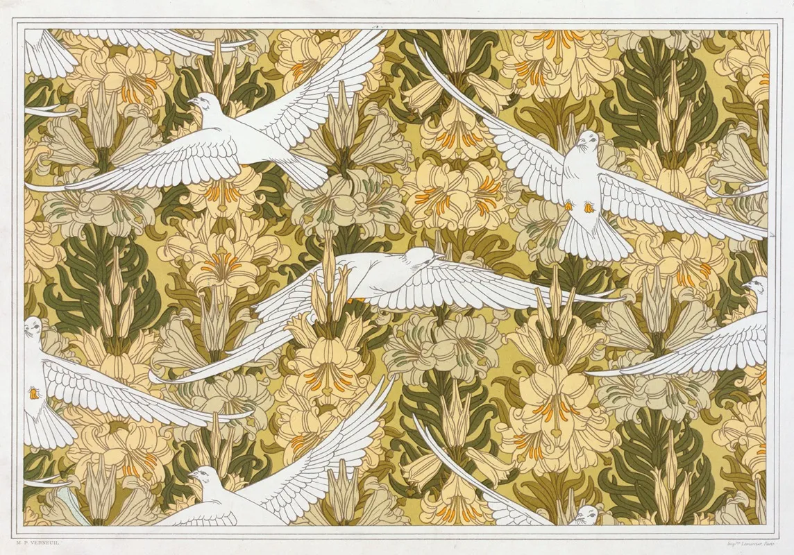 Colombes Et Lis Etoffe Imprimee by Maurice Pillard Verneuil - Canvas Print