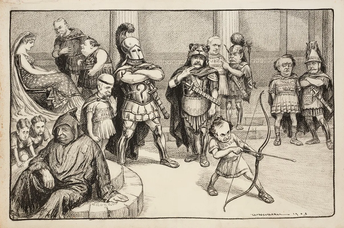 Columbia A Woman Representing The United States Is Seated On A Throne Surrounded By Several Politicians Depicted As Knights And Nobles