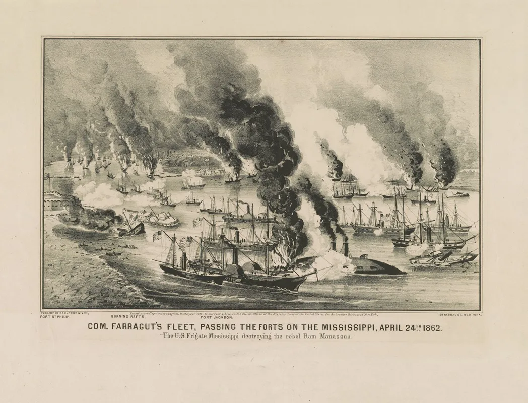 Com Farraguts Fleet Passing The Forts On The Mississippi April 24th 1862 The U S Frigate Mississippi Destroying The Rebel Ram Manassas