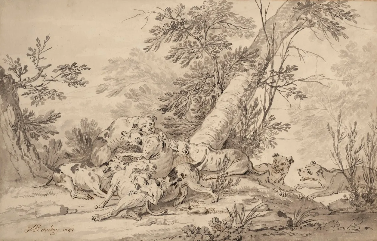 Combat De Chiens En Foret by Jean-Baptiste Oudry - Canvas Print