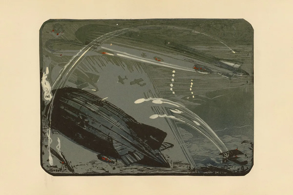 Combat Dhydravions Et De Zeppelins Mer Du Nord 1916 Seaplanes And Zeppelins In Combat North Sea 1916 by Maurice Busset - Canvas Print