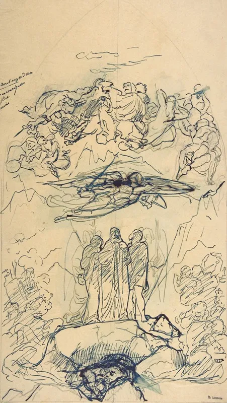 Composition Study With Three Figures Standing On A Rock