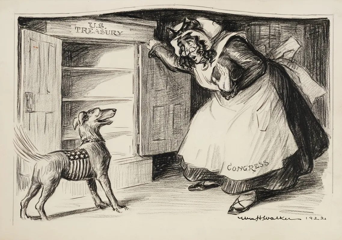 Congress Depicted As Old Mother Hubbard Opens Her Cupboard The U S Treasury To Get Food For Her Dog But Finds It Is Empty