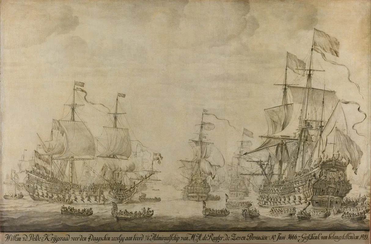 Council Of War Aboard The Seven Provinces The Flagship Of Michiel Adriaensz De Ruyter 10 June 1666 by Willem van de Velde the Elder - Canvas Print