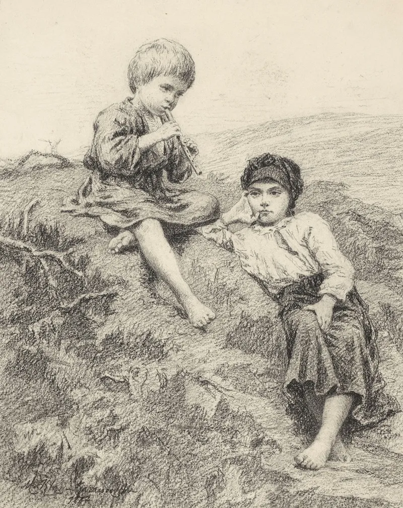 Country Children Drawing For The Painting The Idyll