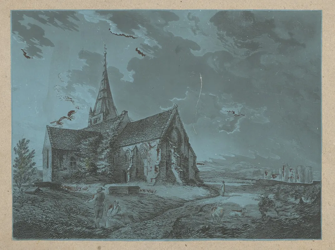 Country Church With Figures One Holding A Shovel At Night