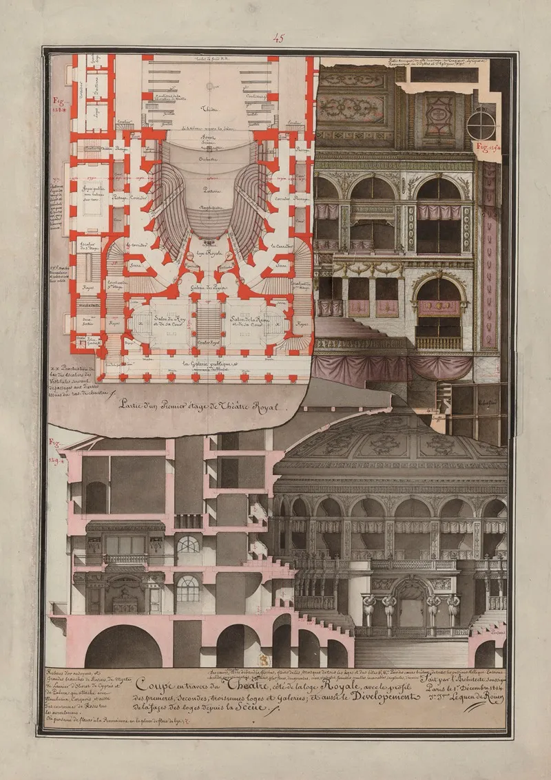 Coupe En Travers Du Theatre Cote De La Loge Royale Avec Le Profil Des Premieres Secondes Et Troisiemes Loges Et Galeries