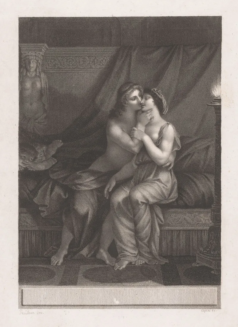 Couple In Love Sitting On Bed by Jacques Louis Copia - Canvas Print