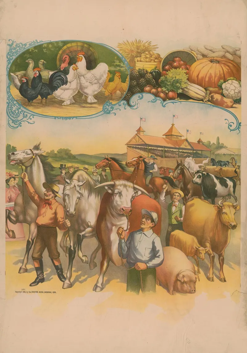 Cow Pigs Horses With Fair Buildings In The Background Framed By Chickens And Produce