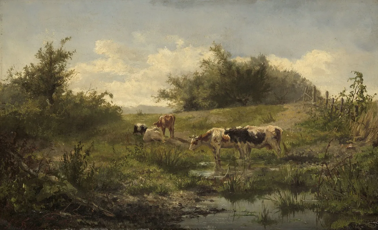 Cows At A Pond 2 by Gerard Bilders - Canvas Print