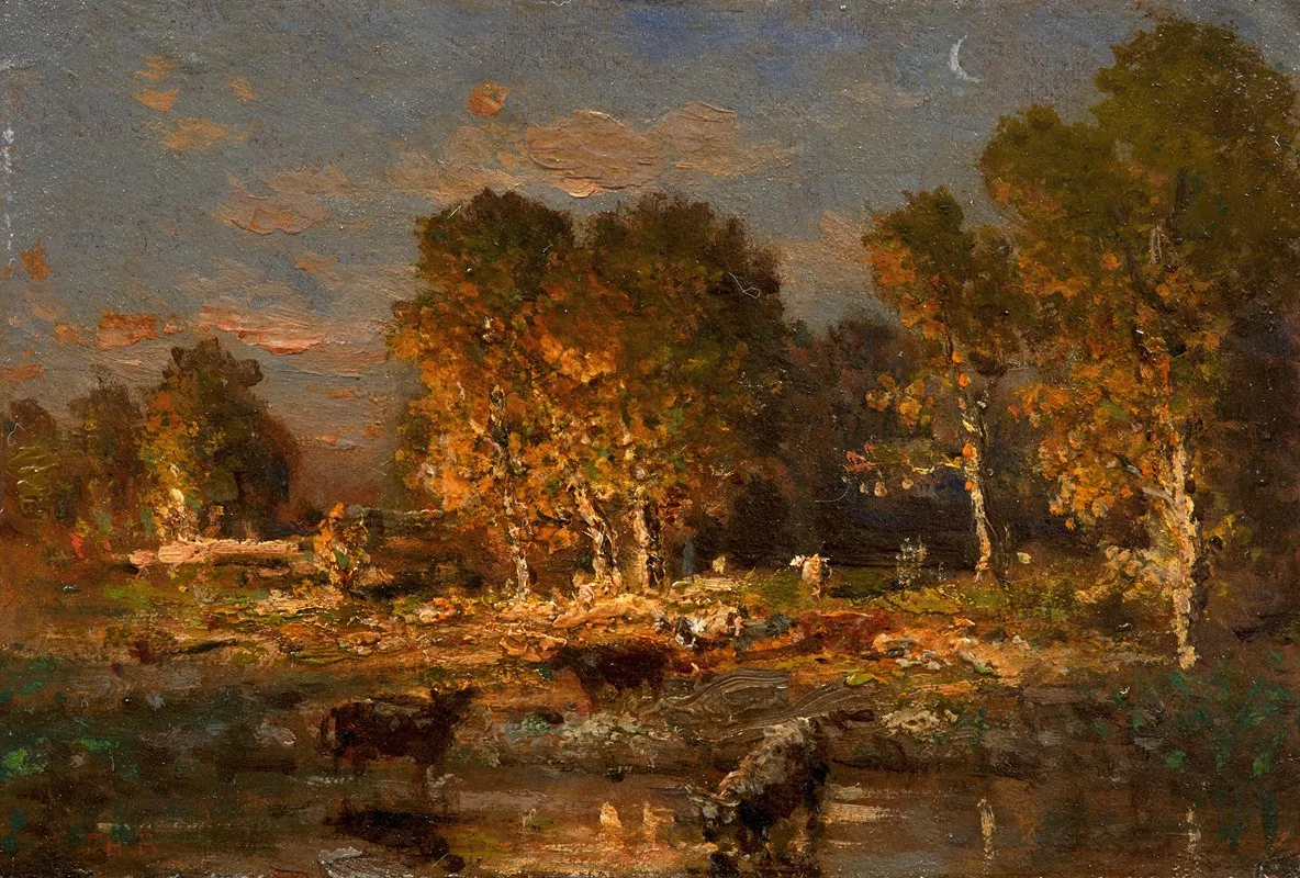 Cows Drinking At Sunset by Théodore Rousseau - Canvas Print