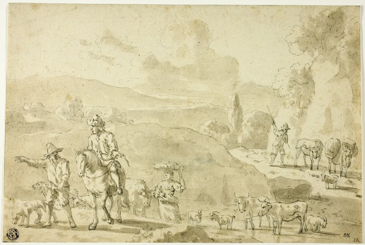 Cows Sheep Goats Being Herded Herdsman Giving Directions To Traveler On Horseback by Abraham Jansz. Begeyn - Canvas Print