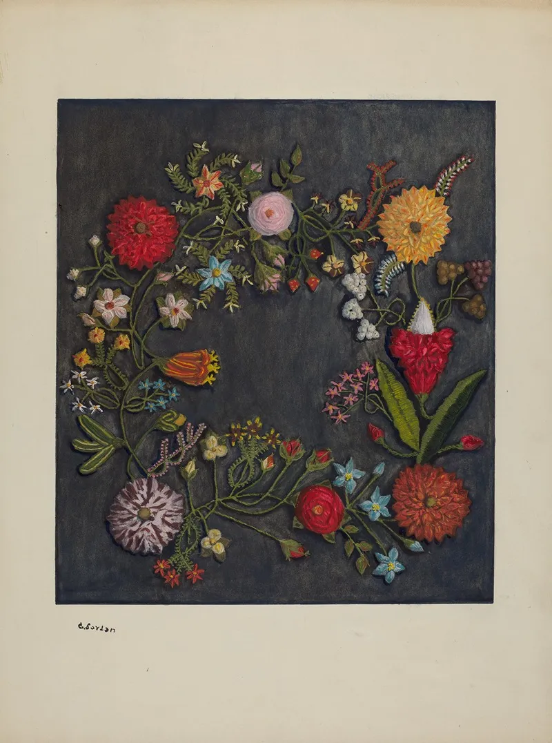 Crewel Wreath 2 by Genevieve Jordan - Canvas Print