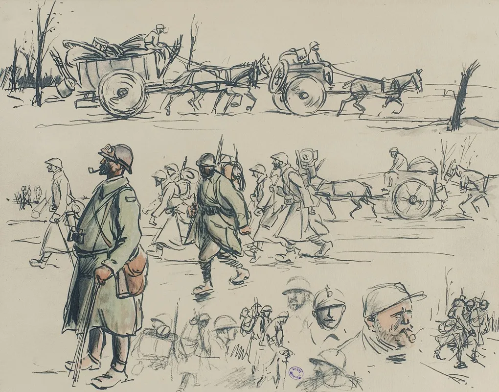 Croquis De Soldats Et Dattelages Sur Trois Registres