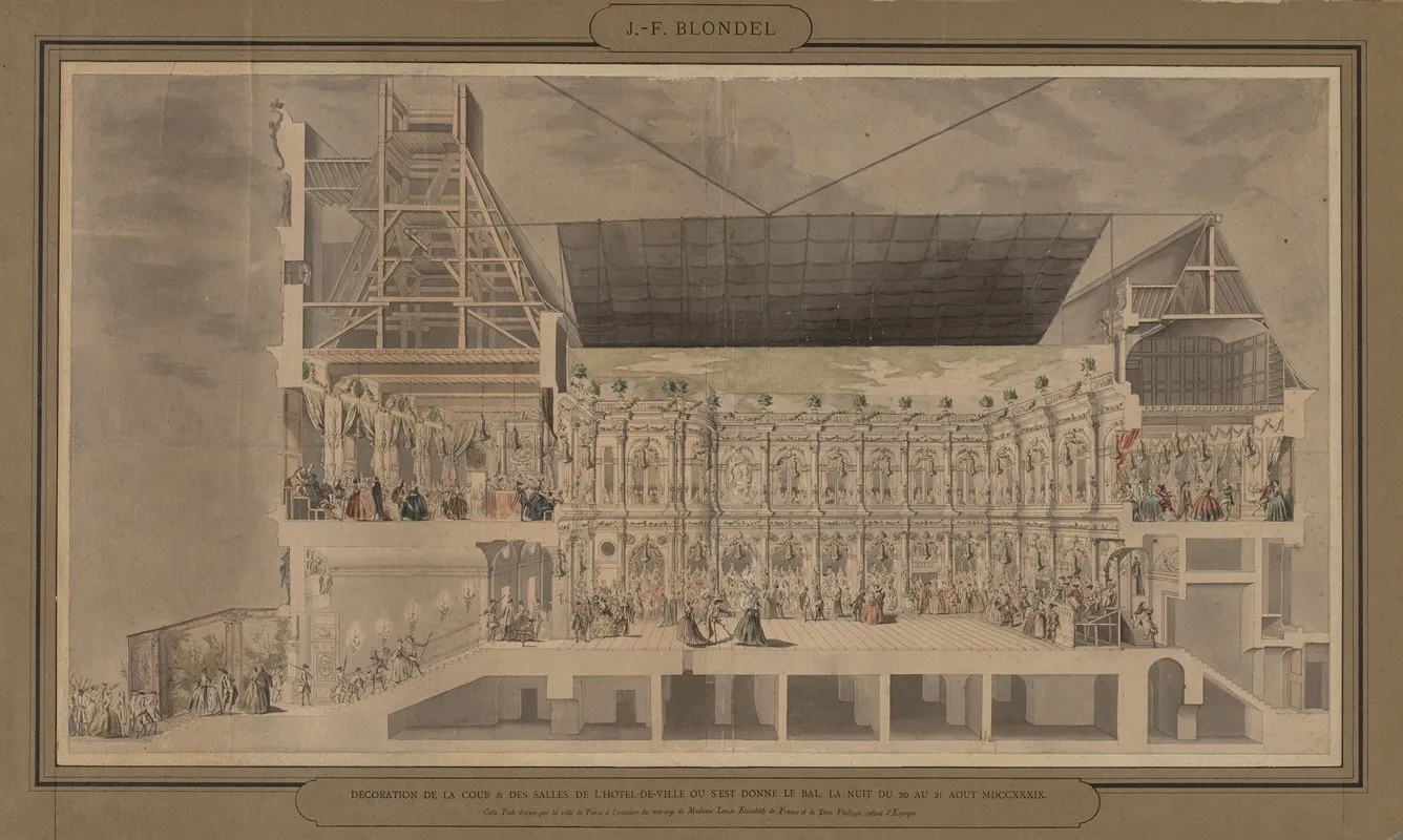 Cross Section Of The Hotel De Ville Seen In Perspective Showing The Decoration And Illumination Of The Courtyard And Rooms Created On The Occasion Of The Ball Given The Night Of August 30 And 31 1739 by Jacques-François Blondel - Canvas Print
