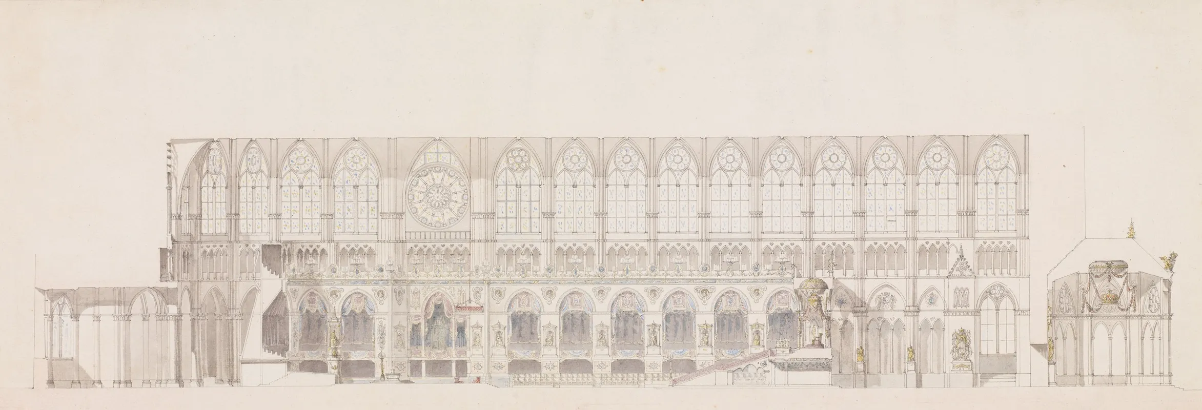 Cross Section Of The Nave Of Reims Cathedral Decorated For The Coronation Of King Louis Xviii by Charles Percier - Canvas Print