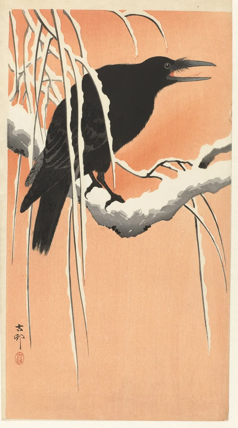 Crow On Snowy Branch by Ohara Koson - Canvas Print