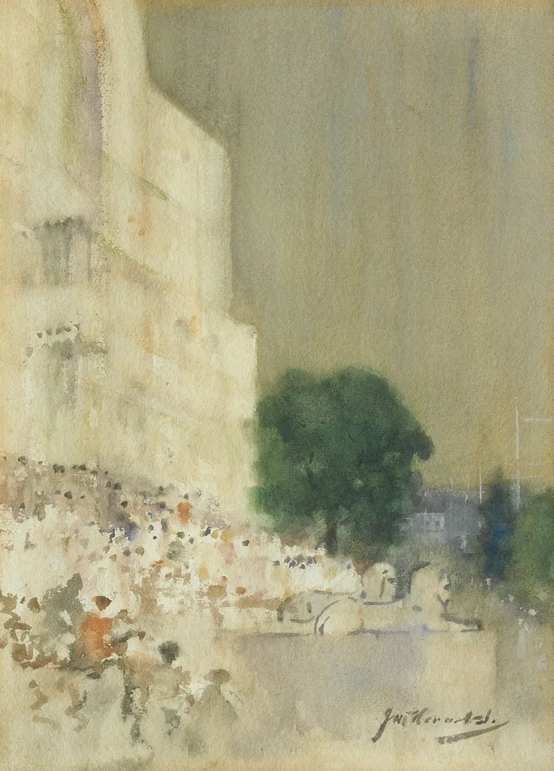 Crowds Outside Building With Recumbent Lion Statues by James Watterston Herald - Canvas Print