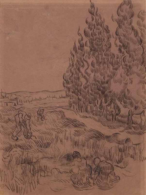 Cypresses With Four People Working In The Field by Vincent van Gogh - Canvas Print