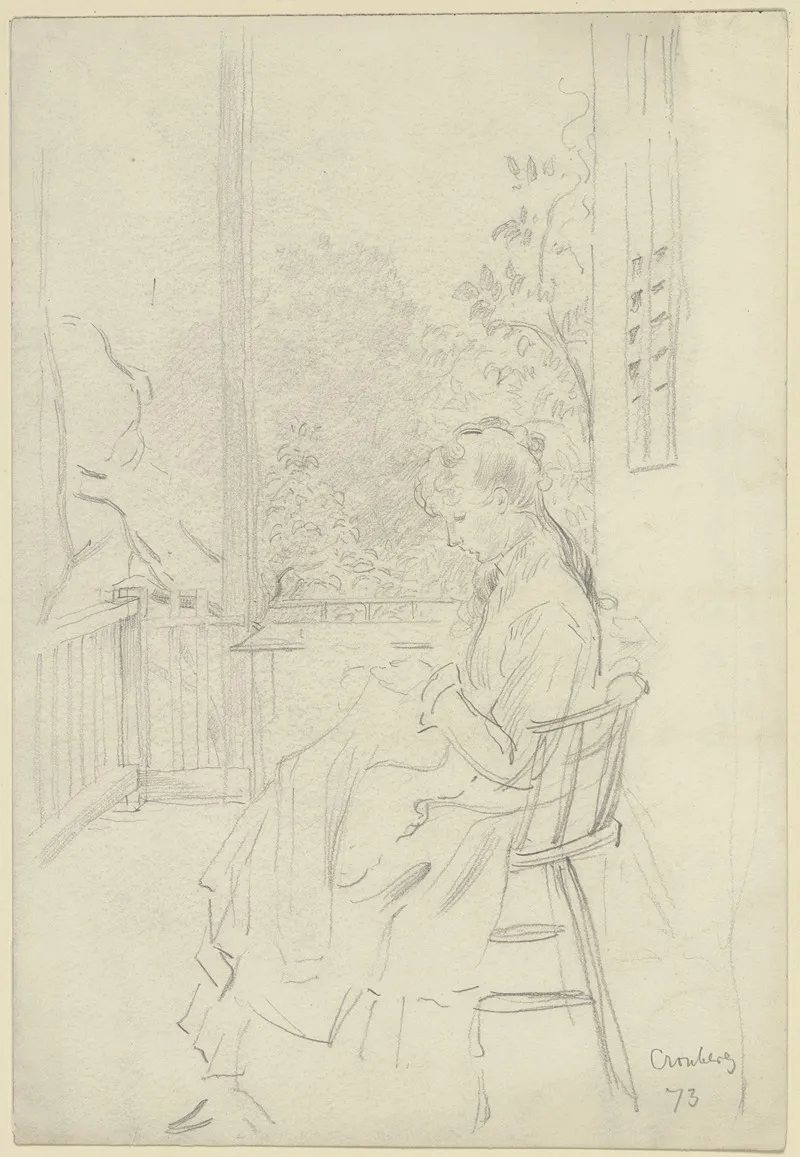 Dame Auf Einer Veranda Bei Der Handarbeit