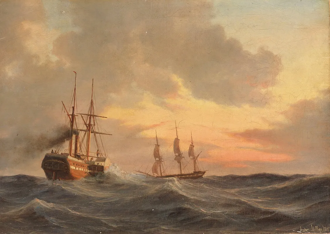 Dampfsegler Und Dreimaster Auf Bewegter See by Anton Melbye - Canvas Print