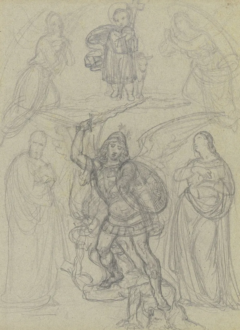 Das Jesuskind Mit Kreuz Und Dem Lamm Von Zwei Engeln Und Zwei Heiligen Verehrt Darunter Der Erzengel Michael Satan Sturzend