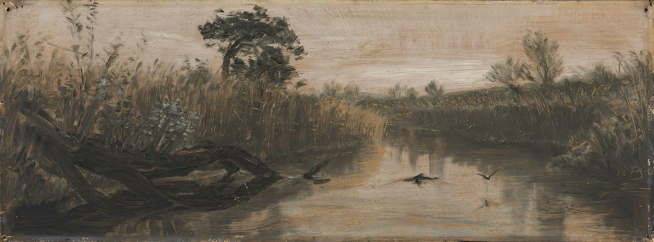 De Hoje Ror Med De Svaje Blode Duske Og De Siv Og De Krogede Ellestammer Og Buskene Langs Aaen by August Jerndorff - Canvas Print