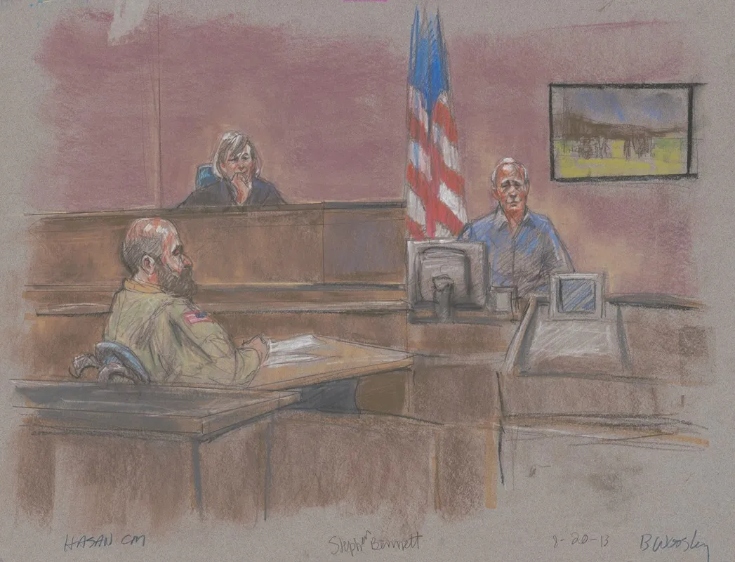 Defendant Nidal Malik Hasan During His Court Martial With Witness Stephen Bennett And Judge by Brigitte Woosley - Canvas Print