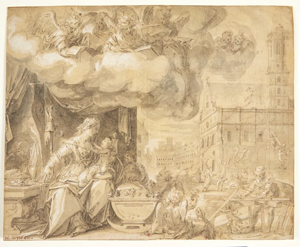 Den Hellige Familie Fo Syngende Engle I Baggrunden Michaelskirken I Munchen Til Hvis Tarn Engle Bringer Byggemateriale by Friedrich Sustris - Canvas Print