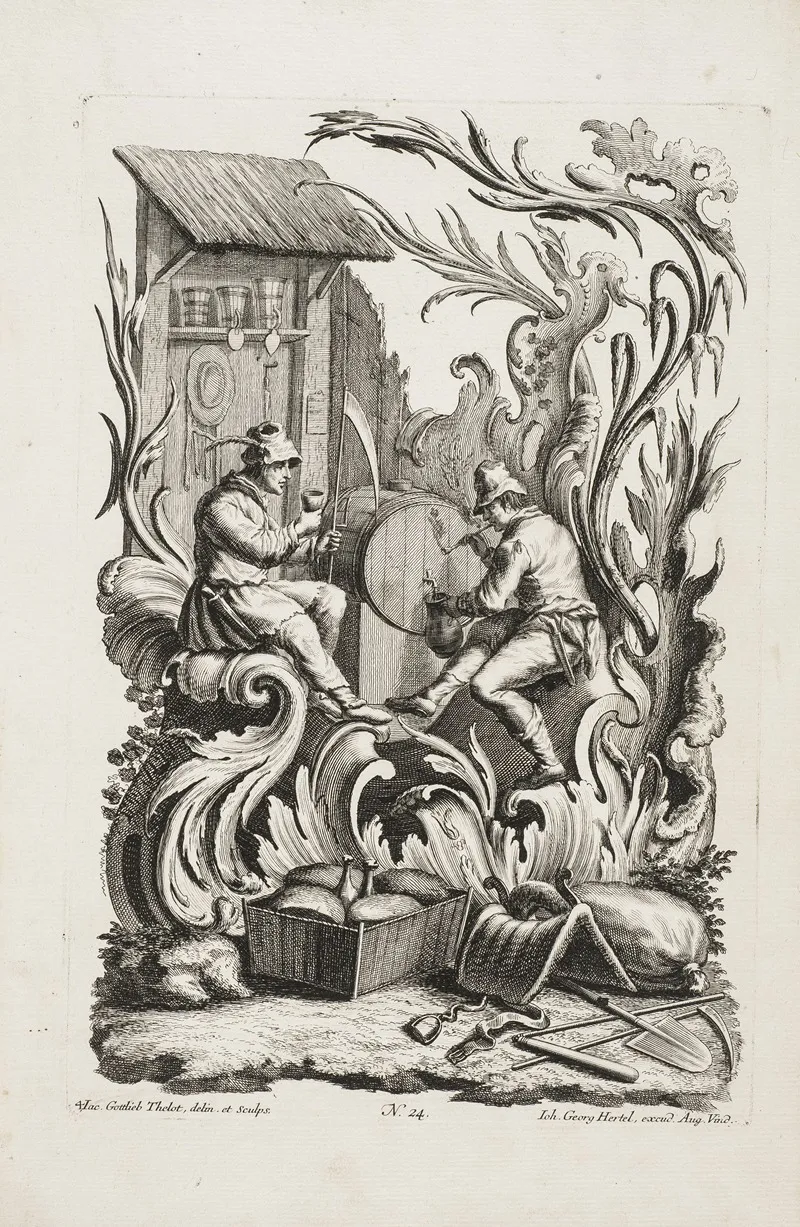 Depiction Of Two Workers Drinking Wine by Jakob Gottlieb Thelott - Canvas Print