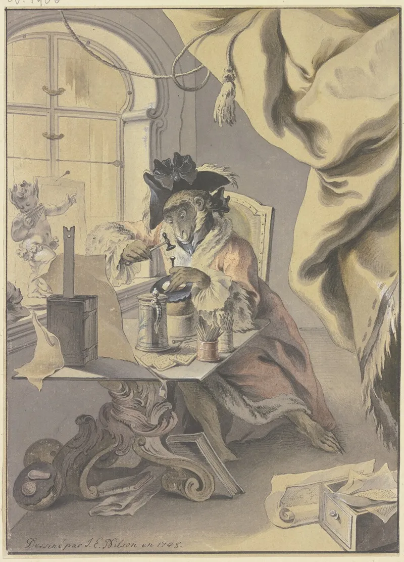 Der Affe Als Graveur Und Goldschmied by Johann Esaias Nilson - Canvas Print
