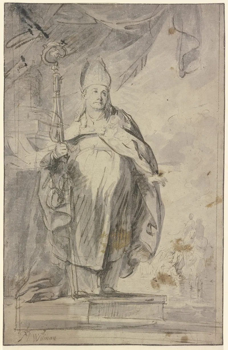 Der Heilige Vincenz Steht Im Bischofsornat Und Mit Dem Stab In Der Rechten Auf Einem Postament Vor Einem Gerafften Vorhang by Michael Willmann   - Canvas Print