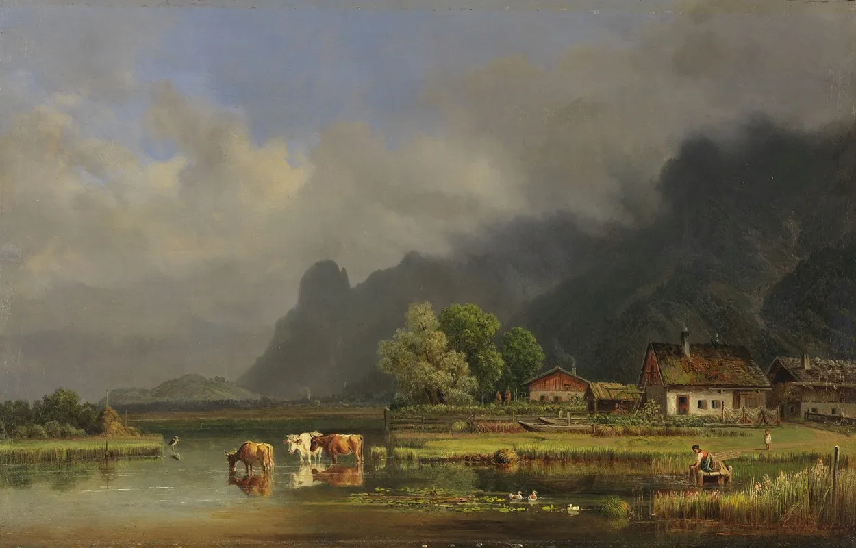 Der Kochelsee Mit Den Hausern Von Schlehdorf by Heinrich Bürkel - Canvas Print