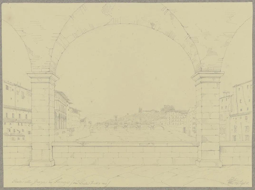 Der Ponte Alle Grazie In Florenz Vom Ponto Vecchio Aus Gesehen by Friedrich Wilhelm Ludwig - Canvas Print