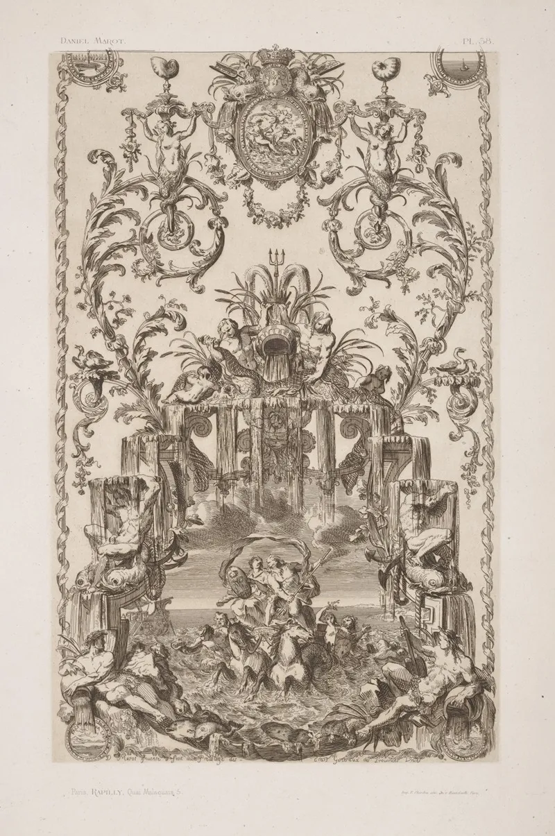 Design Featuring Allegorical Figures Representing Water Including Sea Gods Pulled In A Water Chariot By Sea Horses by André-Charles Boulle - Canvas Print