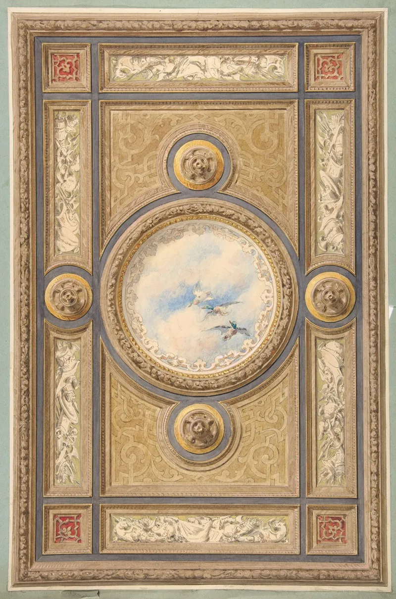 Design For A Carved And Painted Ceiling With Clouds And Ducks In The Central Circular Panel