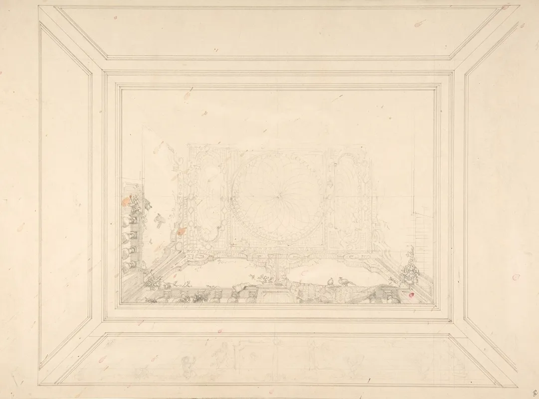 Design For A Ceiling Decorated With Trellis Work And A Trompe Loeil Balustrade