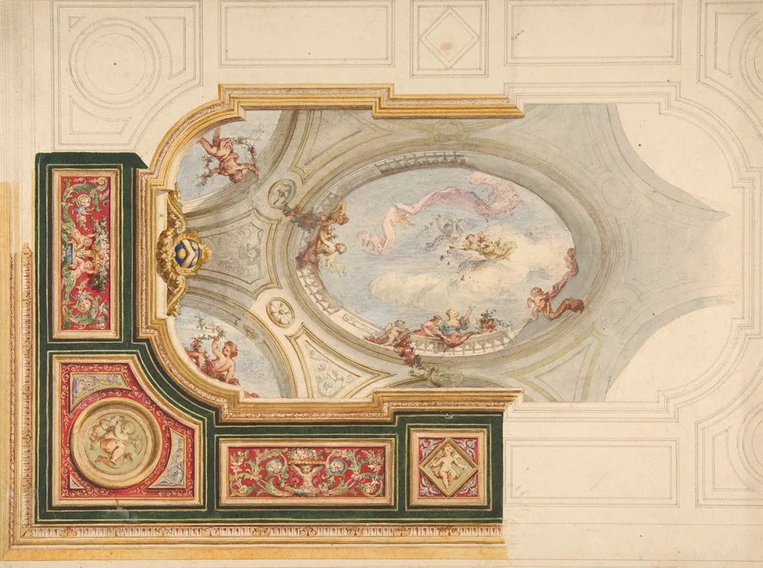 Design For A Ceiling In Baroque Style With A Central Panel In Trompe Loeil