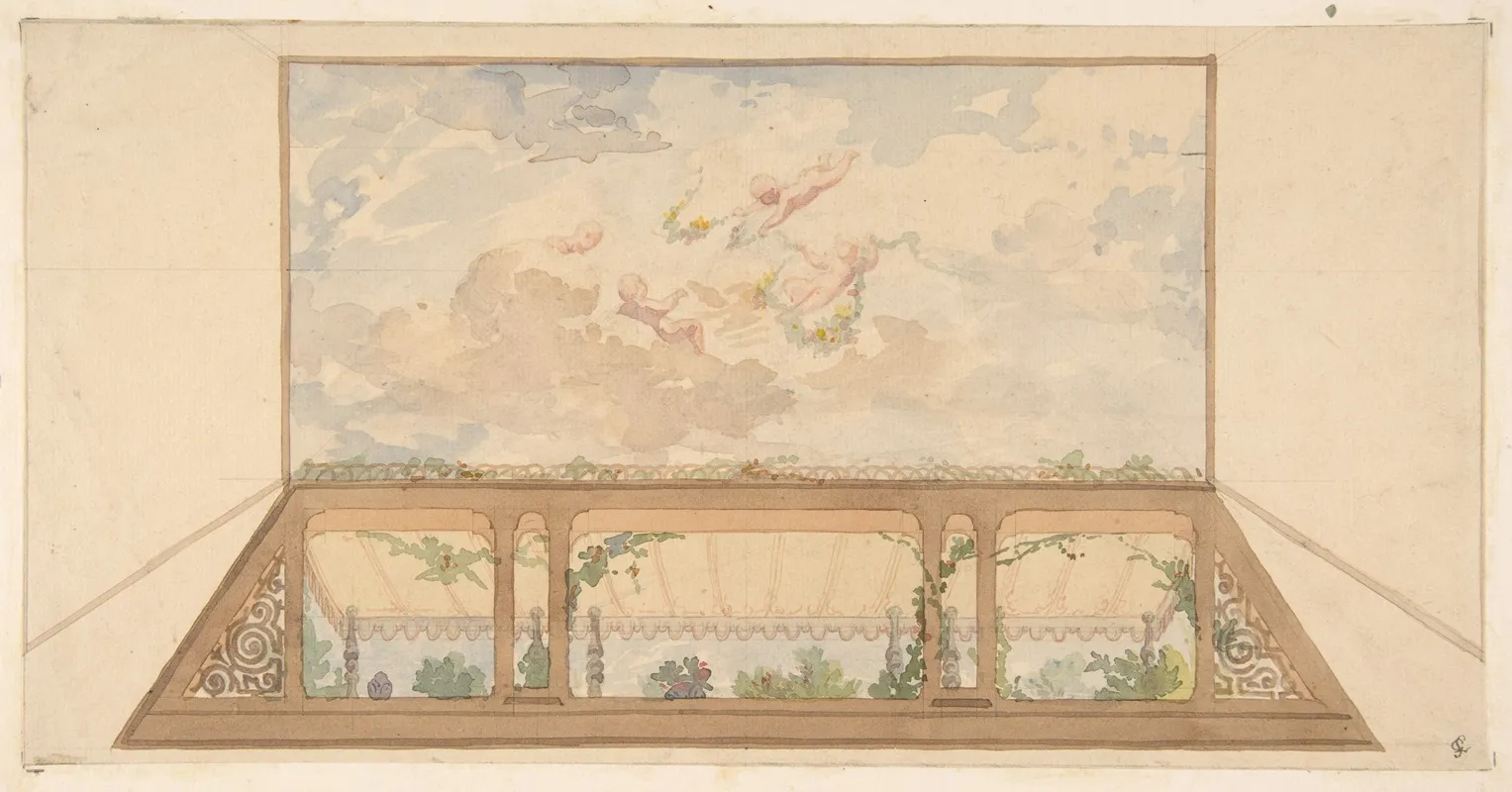 Design For A Ceiling Painted With A Trompe Loeil Awning And Putti In Clouds
