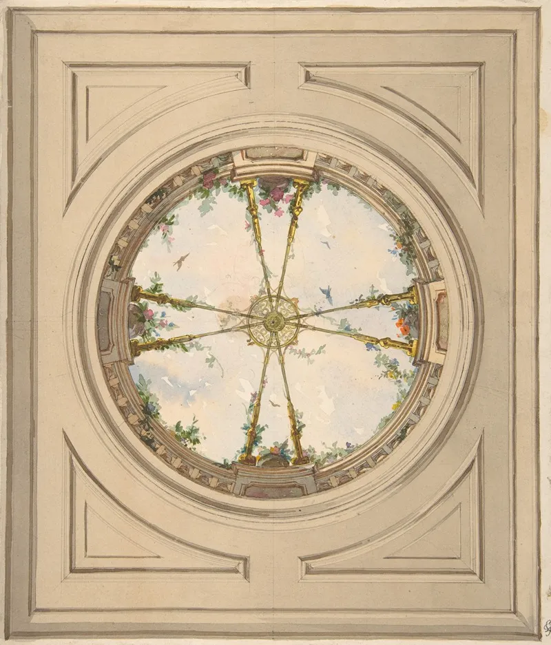 Design For A Ceiling Painted With Clouds And Trellis Work
