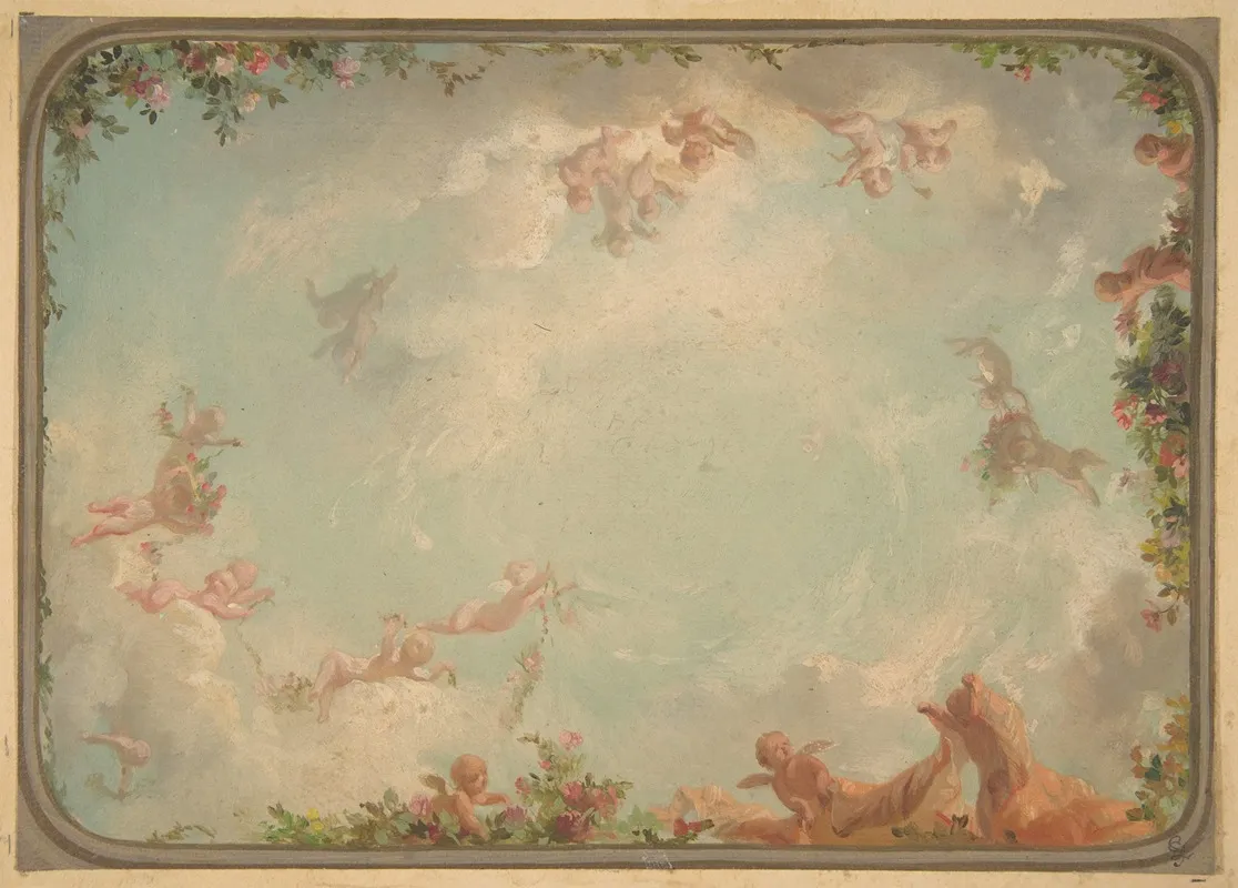 Design For A Ceiling Painted With Putti In Clouds With Roses