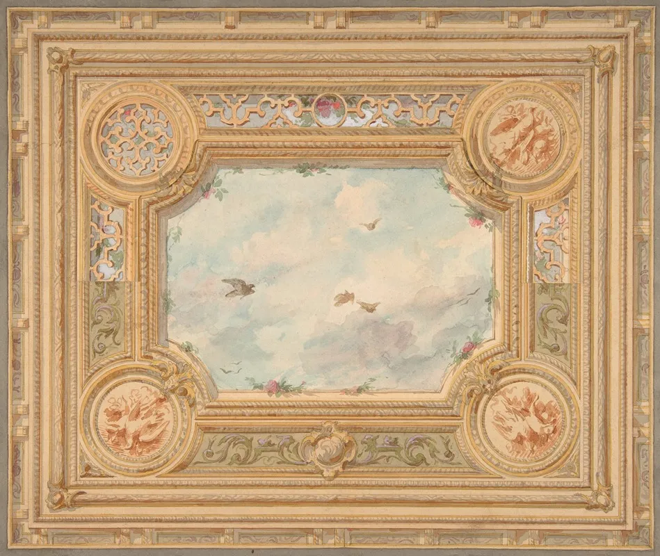 Design For A Ceiling With Four Medallions And Sky Motif In Center