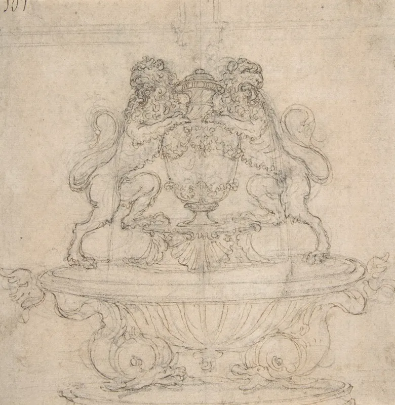 Design For A Fountain With Two Water Spouting Lions